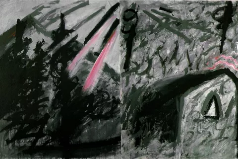 Herman Gvardjančič, Reminiscence, 1985, akril, platno, 185 x 290 cm. / Foto: Herman Gvardjančič