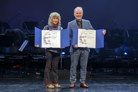 državna proslava ob slovenski kulturni praznik in podelitev Pre&scaron;ernova nagrada in nagrada Pre&scaron;ernov sklad Ljubljan CD na fotografiji Pre&scaron;ernova nagrajenca za življensko delo Ema Krugler filmska avtorica in Herman Gvardjančič akademski slikar / Foto: Tina Dokl