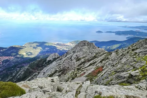 Razgled z vrha, ko pogledamo proti severu in se nam pokaže razlenjena obala in znano turistično mestece Marciana Marina. / Foto: Jelena Justin