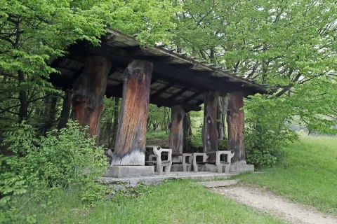 Plečnikova odprta vrtna lopa Brezjanka v Begunjah. Streho nosi šest močnih hrastovih stebrov. / Foto: Gorazd Kavčič, arhiv Gorenjskega glasa