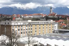 podjetje Iskraemeco Kranj panorama napis tabla cerkev / Foto: Gorazd Kavčič