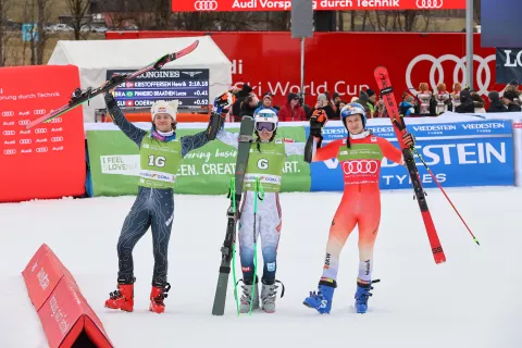 64. Pokal Vitranc 2025 na fotografiji z leve Lucas Pinheiro Braathen BRA, Henrik Kristoffersen Henrik NOR, Marco Odermatt AUT / Foto: Tina Dokl