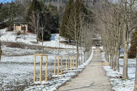 V okviru sredstev, ki jih za povečanje odpornosti kulturnih spomenikov zagotavlja ministrstvo za kulturo, bo v naslednjih treh letih obnovljen park graščine Katzenstein, na robu katerega stoji tudi Plečnikova kapelica Jožamurka. / Foto: Tina Dokl