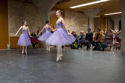 Francoske plesalke so se za konec predstavile v avli Mestne občine Kranj. / Foto: Primož Pičulin