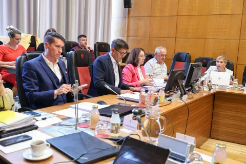 shod zaposlenih igralci PGK pred občino in občinsko sejo, občinska seja, glasovanje za nov direktor PGK, razprava, glasovanje za razrešitev Lili Žura direktorica ZD, glasovanje svetniki občina Kranj / Foto: Tina Dokl