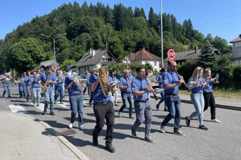 Orkestri so se v povorki sprehodili skozi Žiri. Na fotografiji je Pihalni orkester Alpina Žiri. / Foto: Tanja Mlinar