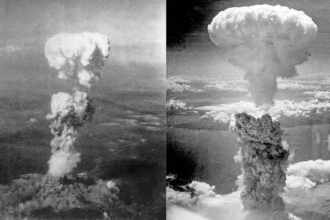 Posnetek dimnih oblakov po eksplozijah bomb, odvrženih na Hirošimo (levo) in na Nagasaki (desno), 6. in 9. avgusta 1945. / Foto: Wikipedija