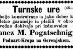 Oglas »Turnske ure Pogačnik«, vir: Slovenski narod, 28. 3. 1873 / Foto:  