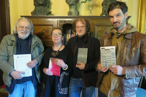 Med avtorji sedmih nominiranih pesniških zbirk so tudi pesniki: (od leve) Goran Gluvić, Tatjana Pregl Kobe, Brane Senegačnik in Jure Jakob. / Foto: Igor Kavčič