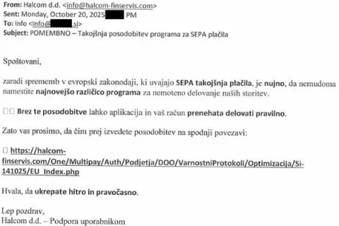 Primer lažne e-pošte / Foto: Arhiv Policije 