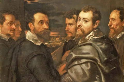 Peter Paul Rubens (spredaj desno) s prijatelji v Mantovi, 1601, državna last ZR Nemčije. / Foto: Wikipedija