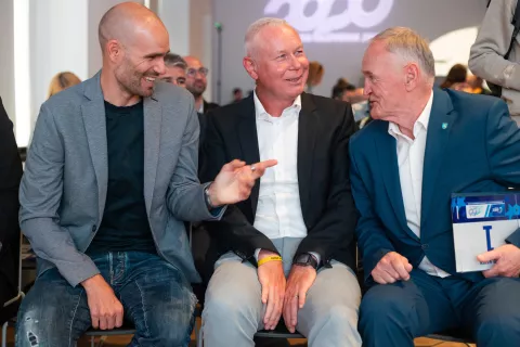 Luka Mezgec, Tomaž Poljanc, Ciril Kozjek, na uradni predstavitvi UEC - Evropskega prvenstva v cestnem kolesarstvu 2026. Ljubljana, 18. 5. 2026 / Foto: Matic Zorman