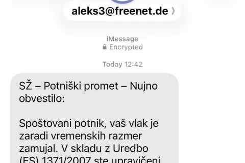 Primer lažnega sporočila v imenu družbe Slovenske železnice, SŽ - Potni&scaron;ki &scaron;romet / Foto: Slovenske železnice