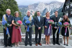 občinska proslava ob prazniku občine Jezersko na fotografiji z leve Franc Polajnar, Maja Lesar, Milan Milo&scaron;ič, Andrej Karničar župan, Ana Smrtnik, Peter &Scaron;enk, Damjana Pestotnik / Foto: Tina Dokl