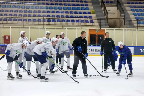 trening slovenske hokejske reprezentance hokejska reprezentanca hokej Bled na fotografiji z leve Edo Terglav glavni trener, Gorazd Drinovec pomočnik trenerja / Foto: Tina Dokl