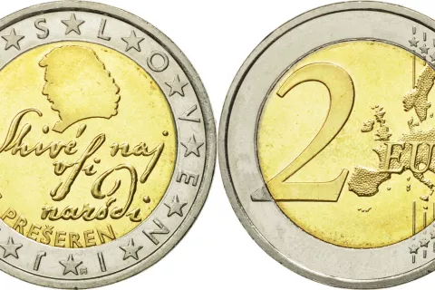 Tudi kovanec za dva evra, na katerem sta upodobljena naš največji pesnik in njegovi verzi, je svojevrsten preboj slovenske kulture v evroobmočje. / Foto: Wikipedija