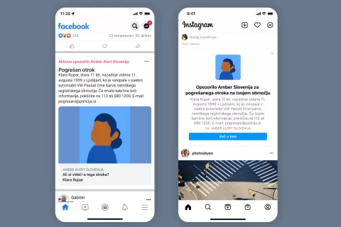 Vzorčni primer aktivacije orodja Amber Alert Slovenija na Facebooku in Instagramu v primeru najbolj resnih in ogrožajočih pogrešanj oziroma izginotij otroka / Foto: Policija