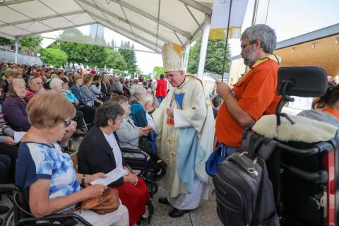 Nadškof msgr. Stanislav Zore je skupaj z drugimi duhovniki romarjem delil obhajilo in bolniško maziljenje. / Foto: Tina Dokl