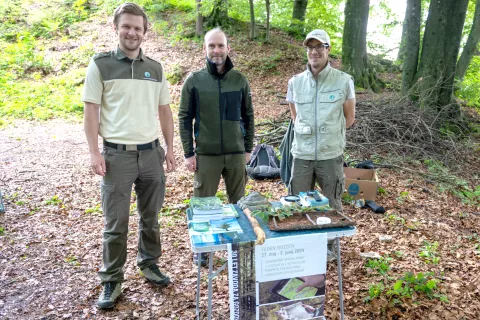 Zavod za gozdove je na eni od točk predstavil izzive, ki jih pred varstvo gozdov postavljajo podnebne spremembe. Pohodniki so si s pomočjo lupe lahko ogledali tudi lubadarja in se spraševali, kako takšna mala žival lahko uniči celo smreko. »Dovolj je dvesto takšnih živalic,« je pojasnil dr. Jurij Rozman, na fotografiji skupaj z revirnima gozdarjema Juretom Arnežem in Rokom Debeljakom. / Foto: Primož Pičulin / Foto: 