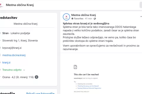Hekerji so izvedli napad tudi na spletno stran Mestne občine Kranj. / Foto: posnetek zaslona / Foto: 