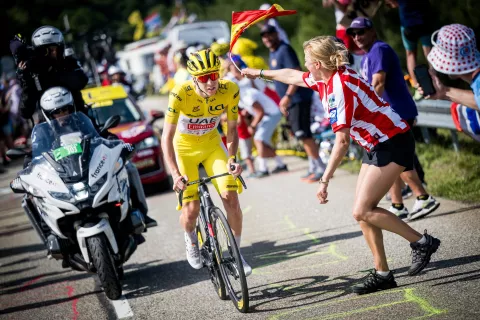 Francija, Plateau de Beille.Slovenski zvezdnik Tadej Pogacar (UAE Team Emirates) je zmagovalec 15. etape kolesarske dirke po Franciji. / Foto: Dpa/sta