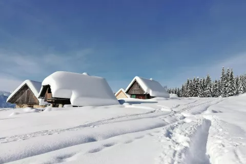 Snežna gaz mimo počitniških hiš na planini Zajamniki / Foto: 