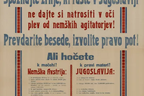 Jugoslovanski propagandni plakat ob koroškem plebiscitu, 1920: »Korošci, spoznajte zrnje, ki raste v Jugoslaviji.« / Foto: Wikipedija / Foto: 